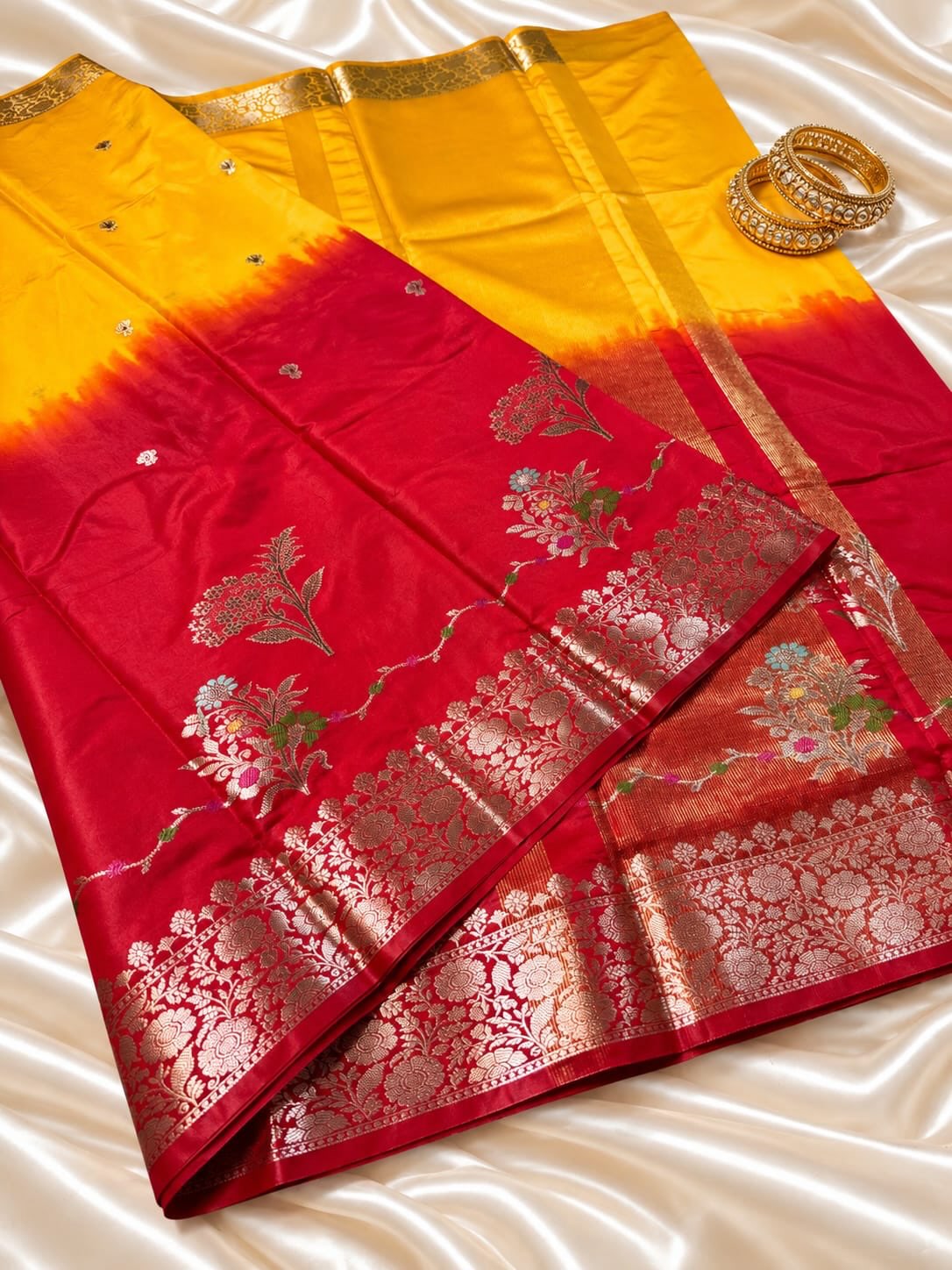 Banarasi Semi Raw Mango Silk Saree with Gold Zari Border