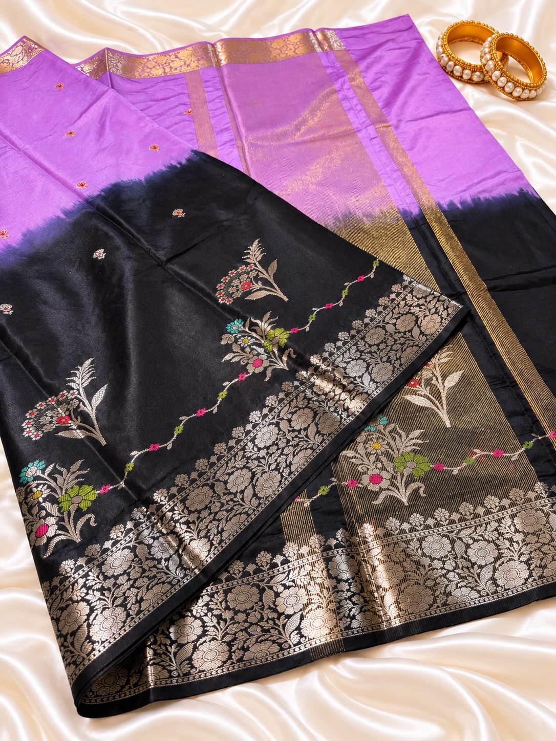 Black Banarasi Mashru Katan Silk Saree with Purple Contrast Border