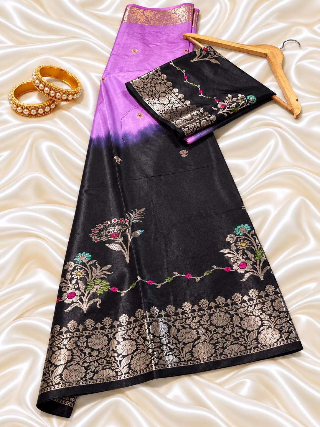 Black Banarasi Mashru Katan Silk Saree with Purple Contrast Border