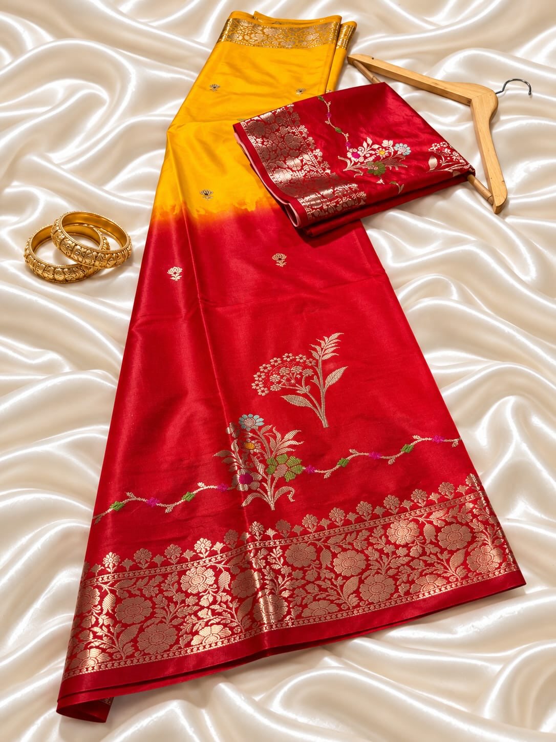 Banarasi Semi Raw Mango Silk Saree with Gold Zari Border