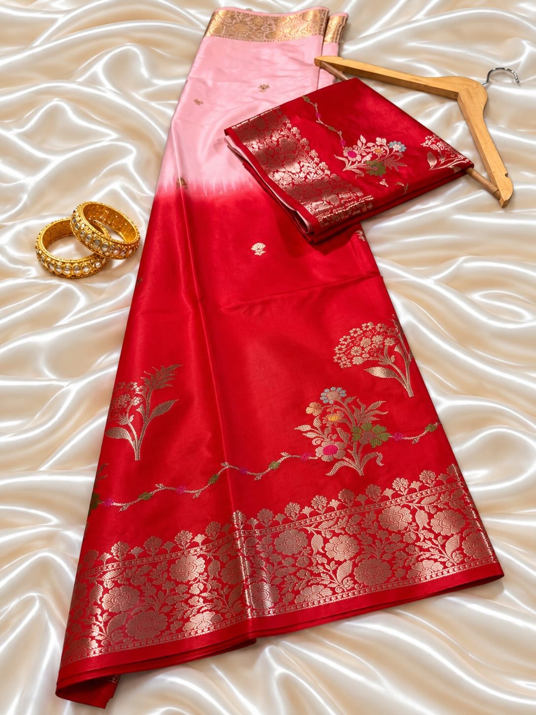 Banarasi Red Pink Semi Raw Mango Silk Saree