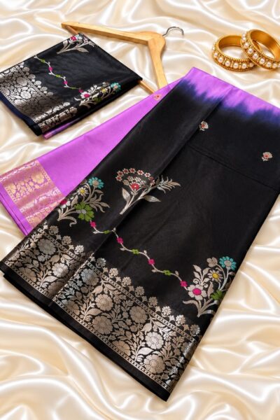 Black Banarasi Mashru Katan Silk Saree with Purple Contrast Border