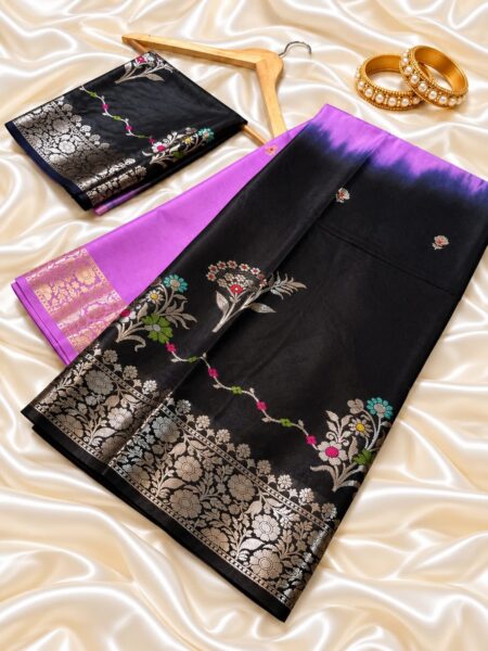 Black Banarasi Mashru Katan Silk Saree with Purple Contrast Border