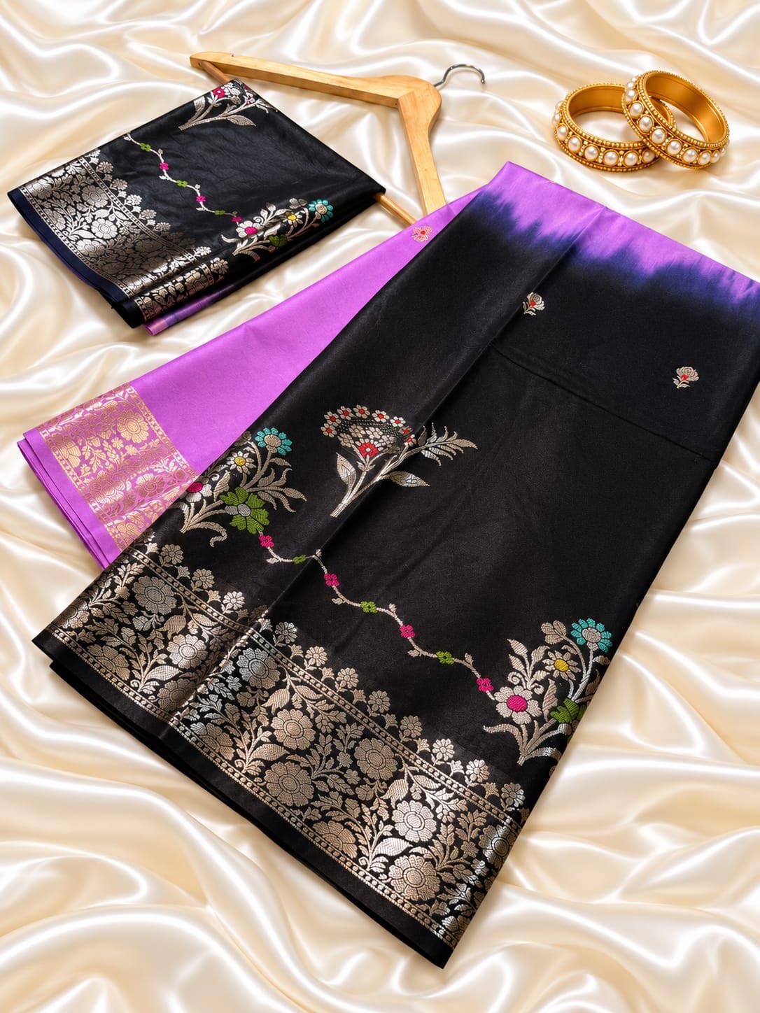 Black Banarasi Mashru Katan Silk Saree with Purple Contrast Border