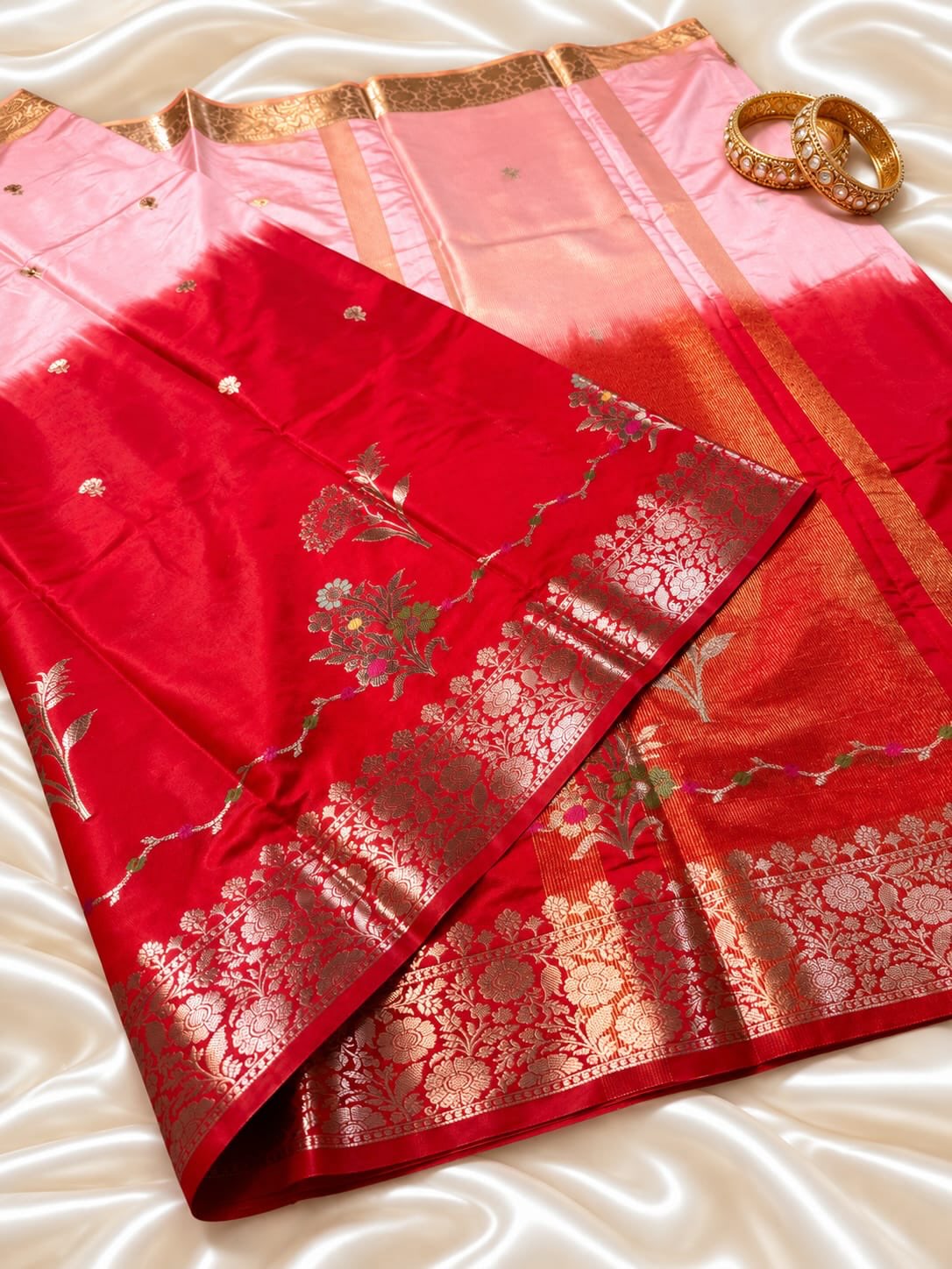Banarasi Red Pink Semi Raw Mango Silk Saree