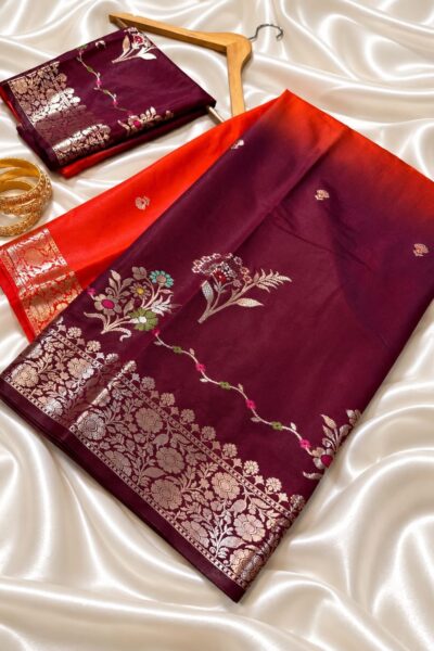 Wine Maroon Banarasi Semi Raw Mango Silk Saree