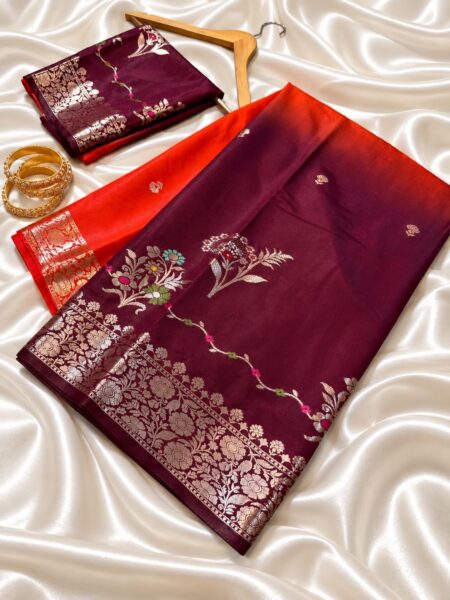 Wine Maroon Banarasi Semi Raw Mango Silk Saree