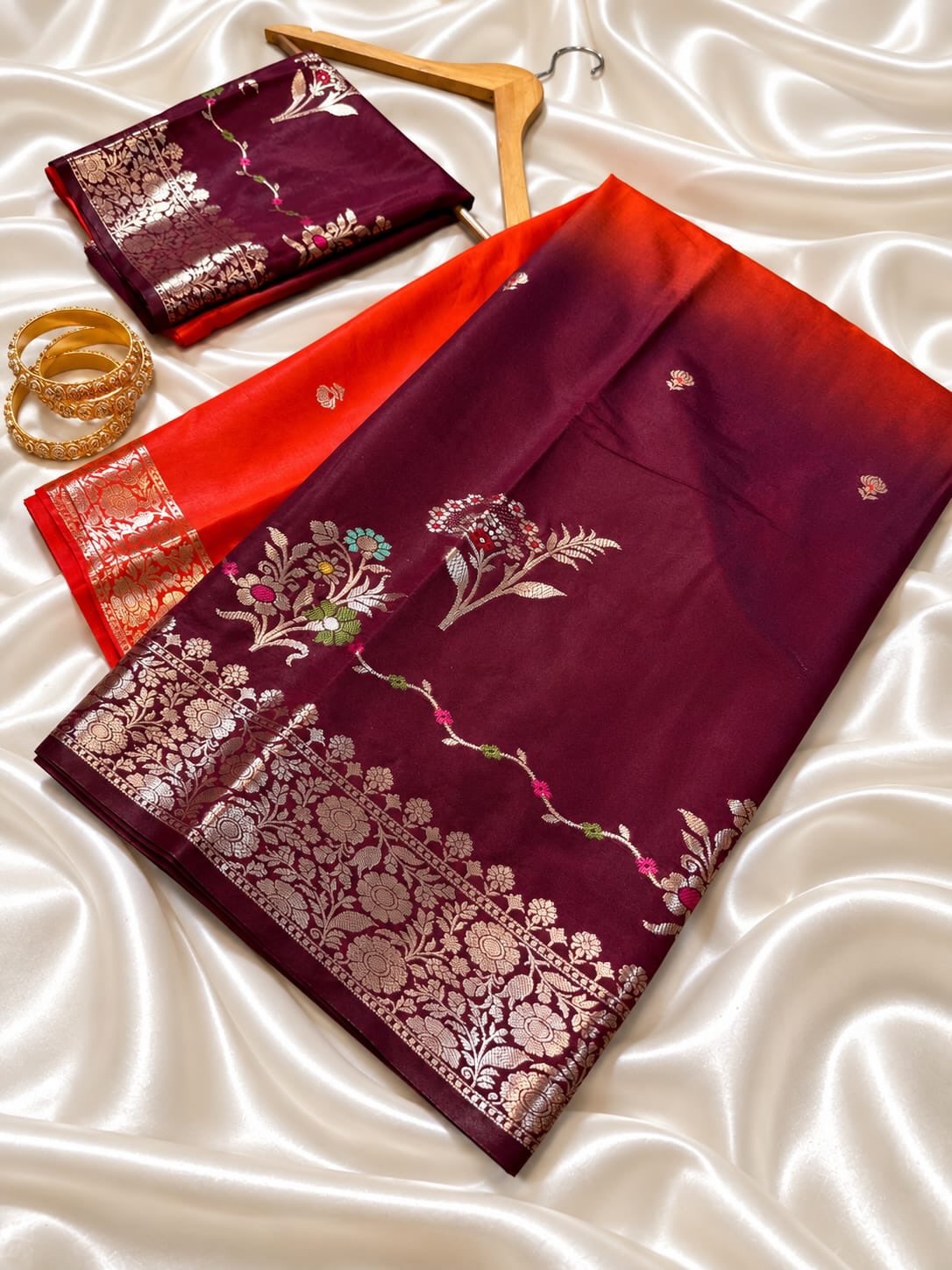 Wine Maroon Banarasi Semi Raw Mango Silk Saree