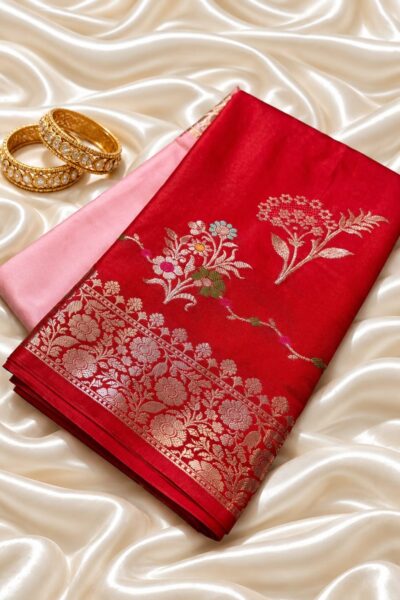 Banarasi Red Pink Semi Raw Mango Silk Saree