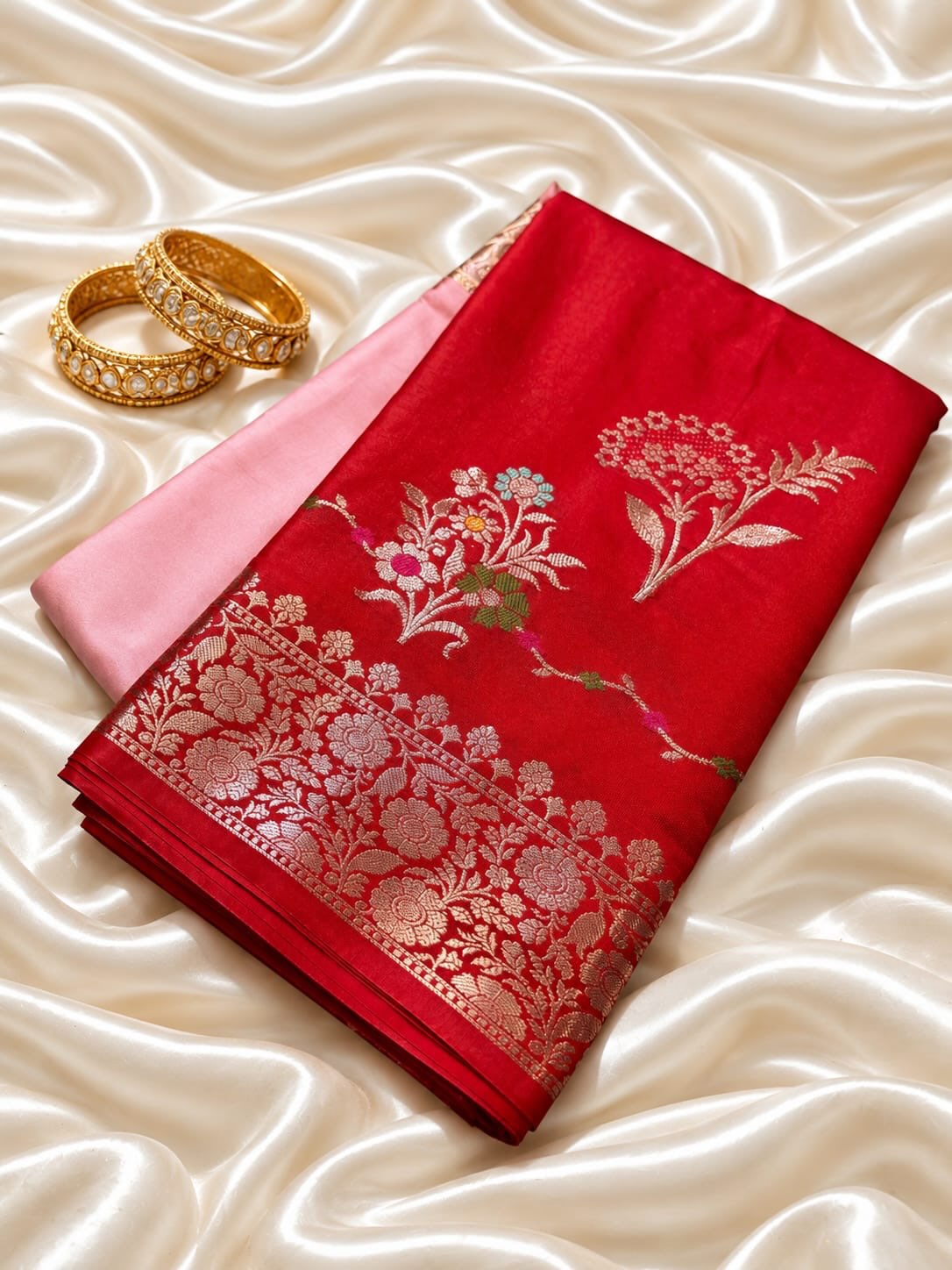 Banarasi Red Pink Semi Raw Mango Silk Saree