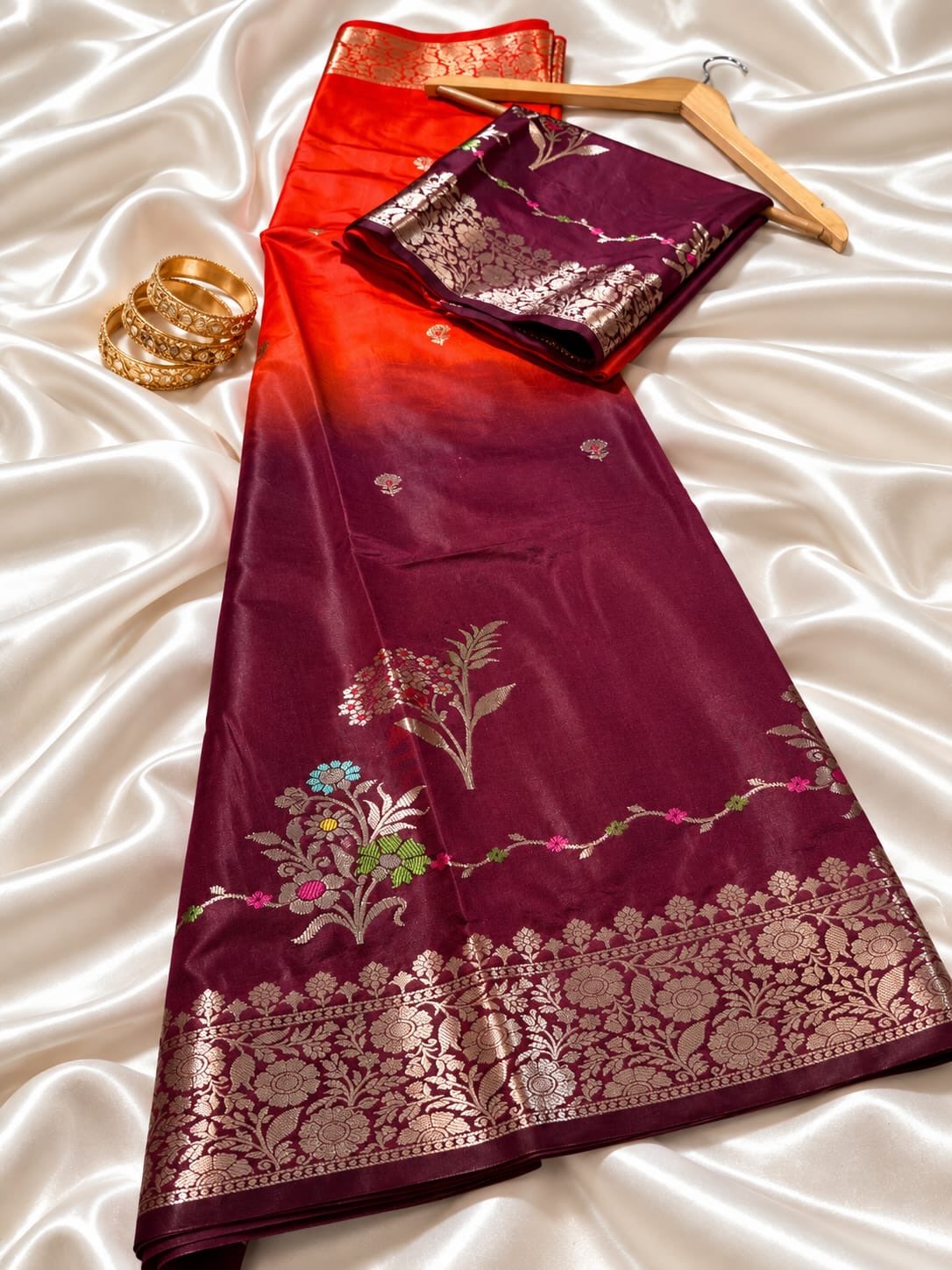 Wine Maroon Banarasi Semi Raw Mango Silk Saree